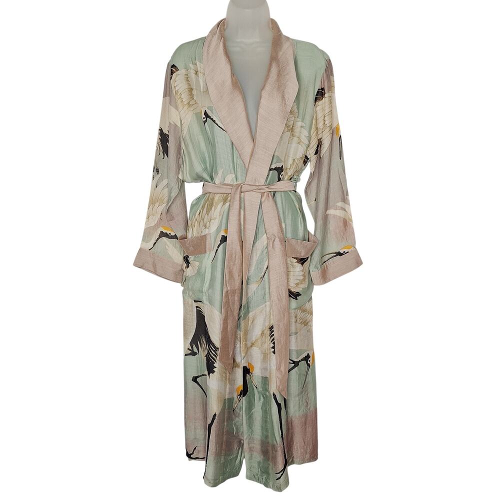 One Hundred Stars Long Stork Crane Kimono Robe Wrap Glam Shawl Collar Bird NEW